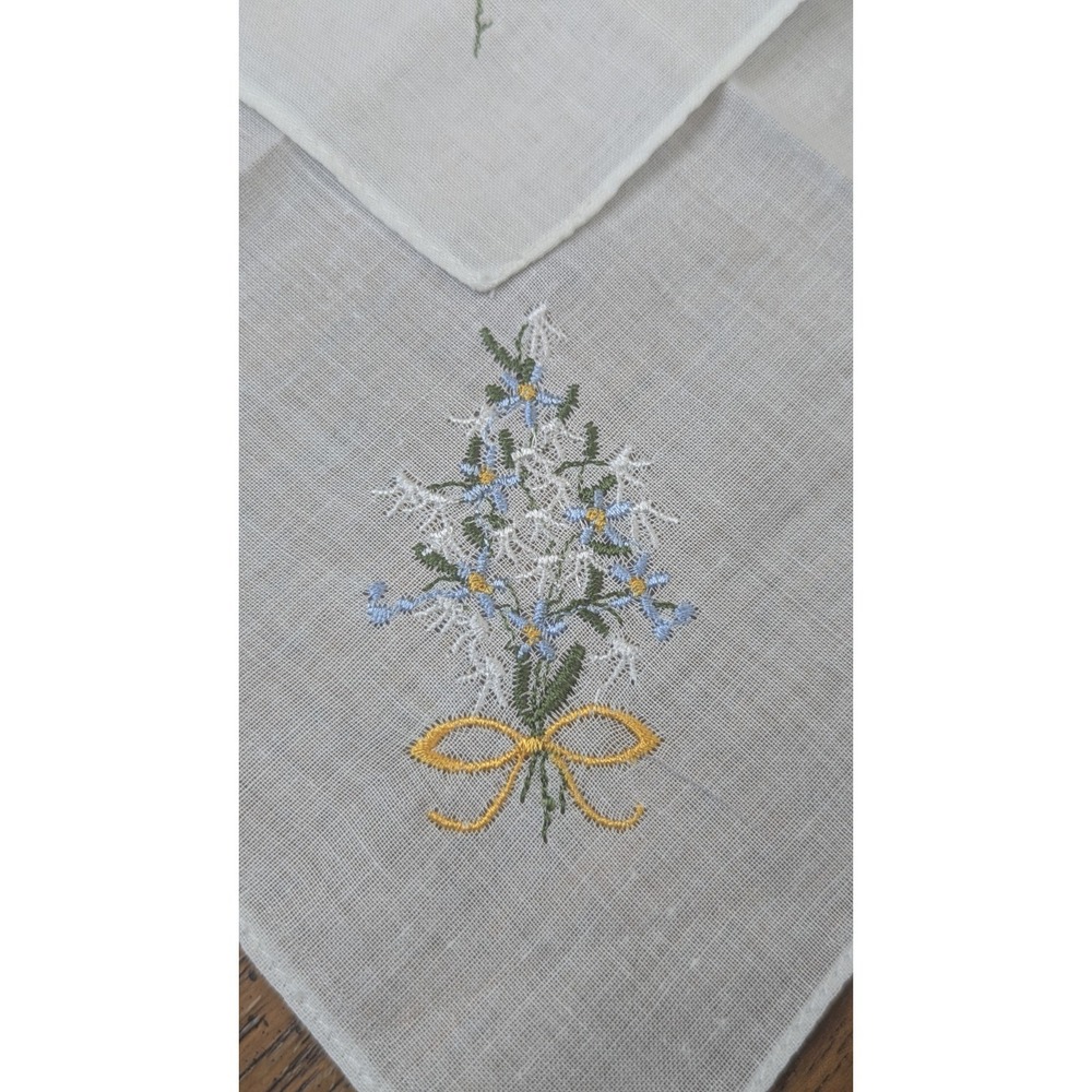 Hand Embroidered White Cotton Handkerchief Blue Flowers - Set Of 4 - - Picture 2 of 10